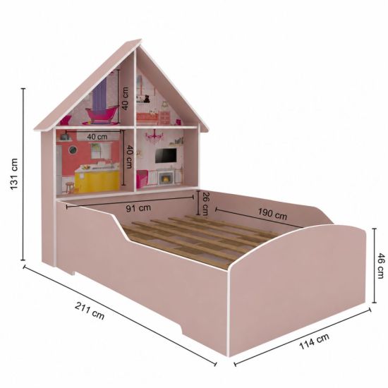 Cama Solteiro Infantil Gelius Casinha 100% MDF Rosa Sonho