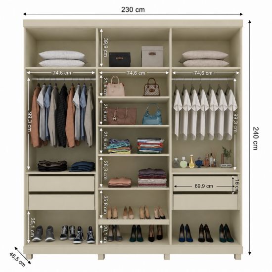 Guarda Roupas Roupeiro Casal Gelius Imperatriz 06 portas 4 gavetas 100% MDF espelho e pés  OFF White 