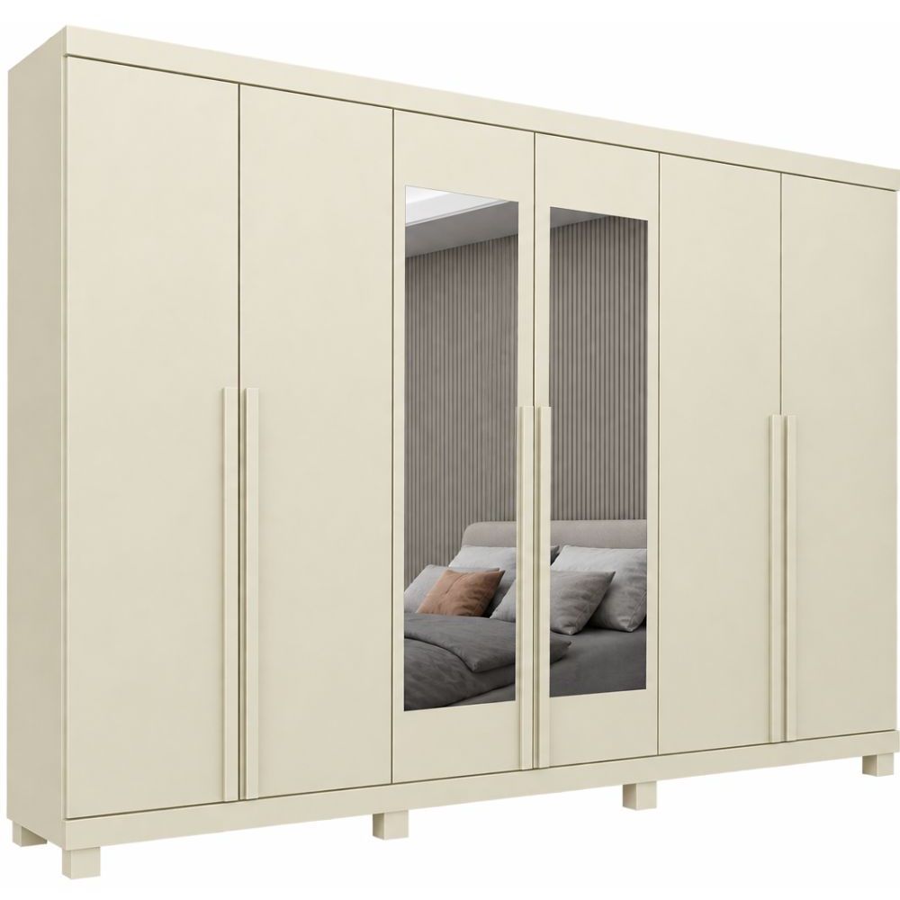 Guarda Roupas Roupeiro Casal Gelius Imperatriz 06 portas 4 gavetas 100% MDF espelho e pés  OFF White 