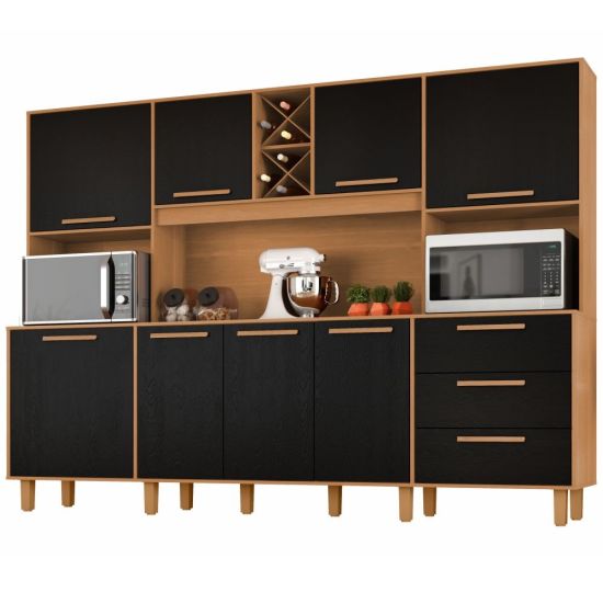 Armário de Cozinha Zanzini Apollo 8 portas 3 gavetas espaço para forno e micro-ondas largura de 242 cm Cinamomo Preto