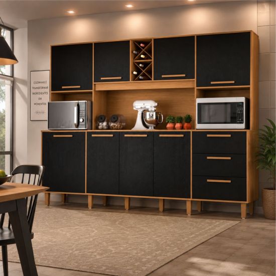 Armário de Cozinha Zanzini Apollo 8 portas 3 gavetas espaço para forno e micro-ondas largura de 242 cm Cinamomo Preto