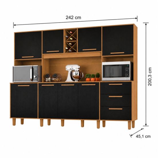 Armário de Cozinha Zanzini Apollo 8 portas 3 gavetas espaço para forno e micro-ondas largura de 242 cm Cinamomo Preto
