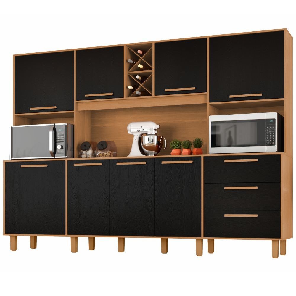 Armário de Cozinha Zanzini Apollo 8 portas 3 gavetas espaço para forno e micro-ondas largura de 242 cm Cinamomo Preto