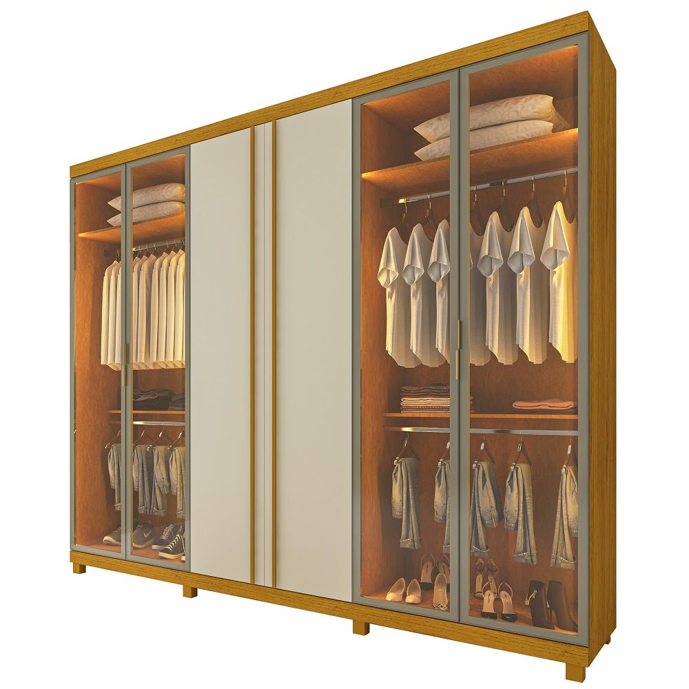 Guarda Roupas Roupeiro Gelius Absolut 6 portas com 4 portas em vidro reflecta 4 gavetas LED Naturale OFF White 