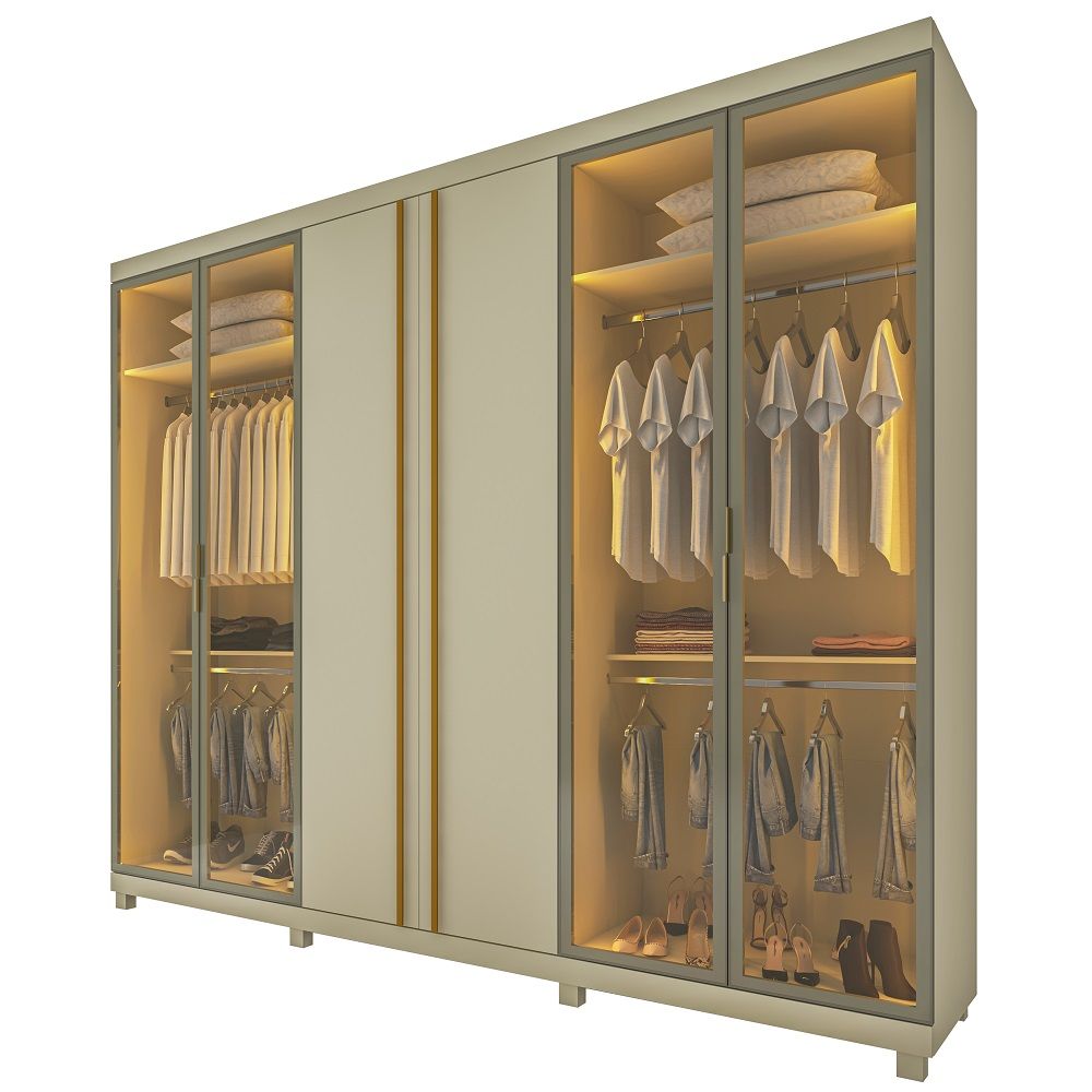 Guarda Roupas Roupeiro Gelius Absolut 6 portas com 4 portas em vidro reflecta 4 gavetas LED  OFF White
