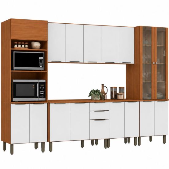 Armário de cozinha Aramóveis Luana 6 peças 100% MDF com 17 portas cristaleira largura de 330 cm cinamomo Branco