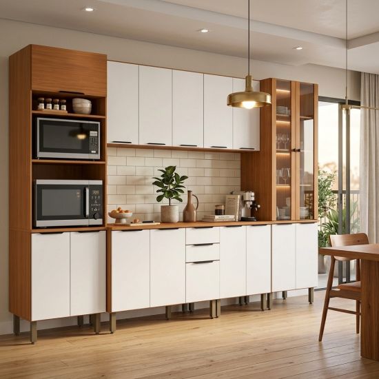 Armário de cozinha Aramóveis Luana 6 peças 100% MDF com 17 portas cristaleira largura de 330 cm cinamomo Branco