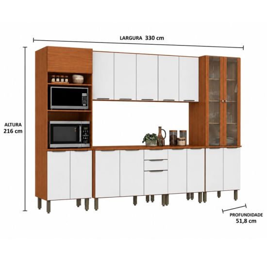 Armário de cozinha Aramóveis Luana 6 peças 100% MDF com 17 portas cristaleira largura de 330 cm cinamomo Branco