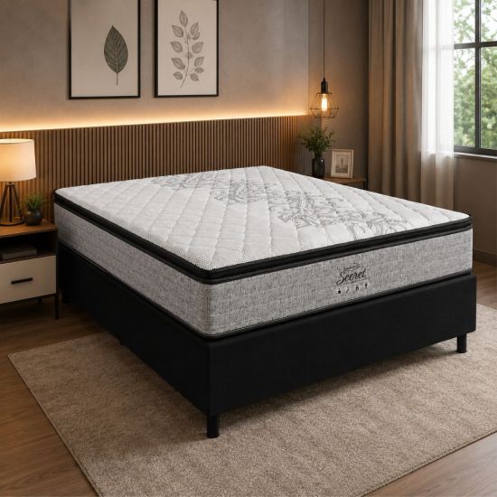 Conjunto Cama Box Casal Ortho Secret em molas ensacadas com base Gazin Sommier largura de 138 cm Cinza Preto