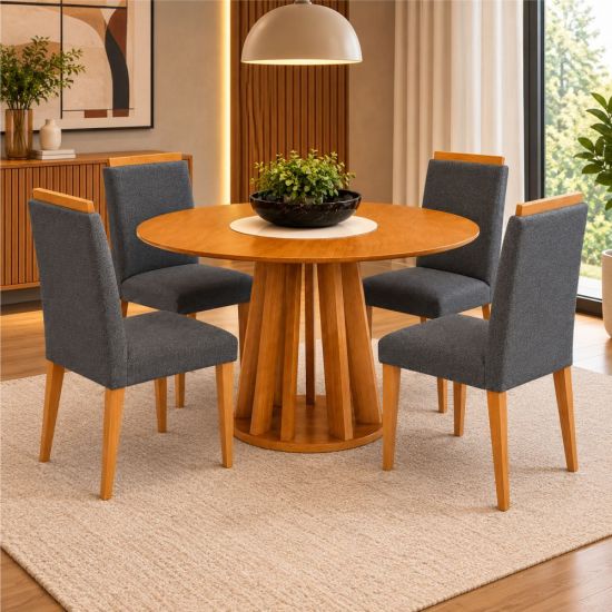 Mesa Sala de Jantar Valdemóveis Flora com prato giratório 4 cadeiras Setec Arezzo Cinamomo OFF White