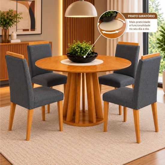 Mesa Sala de Jantar Valdemóveis Flora com prato giratório 4 cadeiras Setec Arezzo Cinamomo OFF White