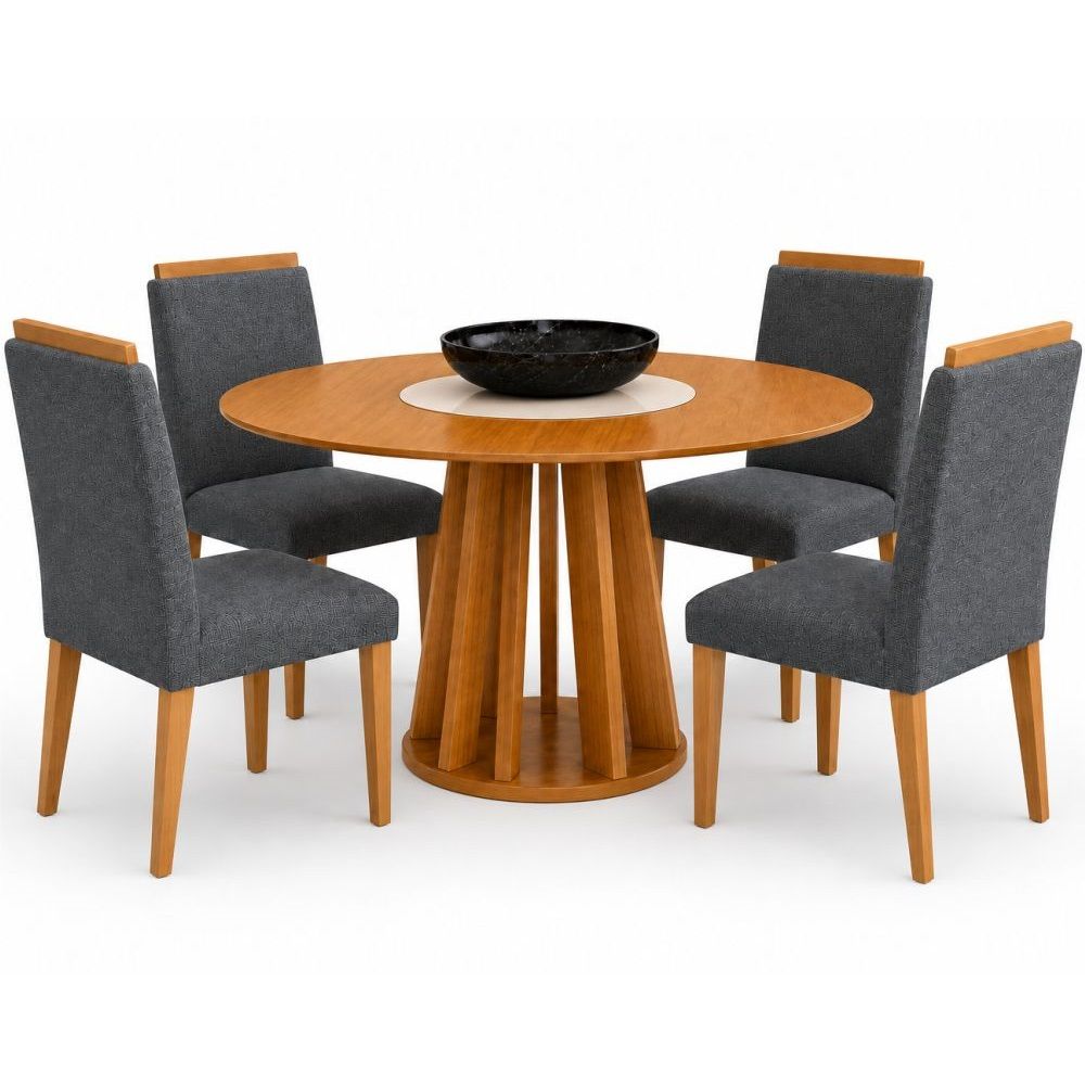 Mesa Sala de Jantar Valdemóveis Flora com prato giratório 4 cadeiras Setec Arezzo Cinamomo OFF White