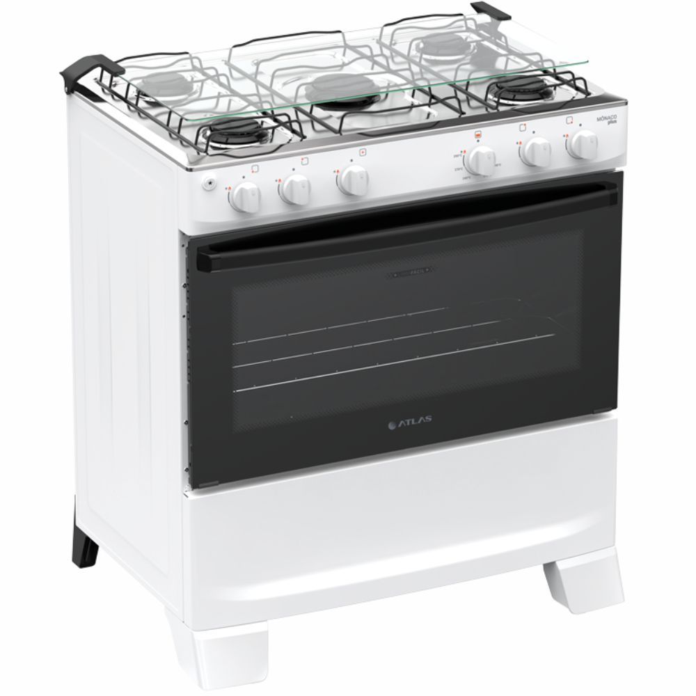 Fogão 5 Bocas Branco com mesa Inox Atlas Mônaco Plus Bivolt