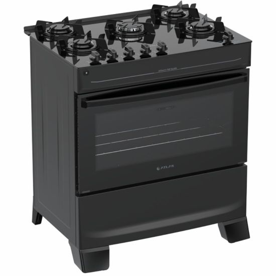 Fogão 5 bocas Preto com mesa de vidro Atlas Mônaco Top Glass Bivolt
