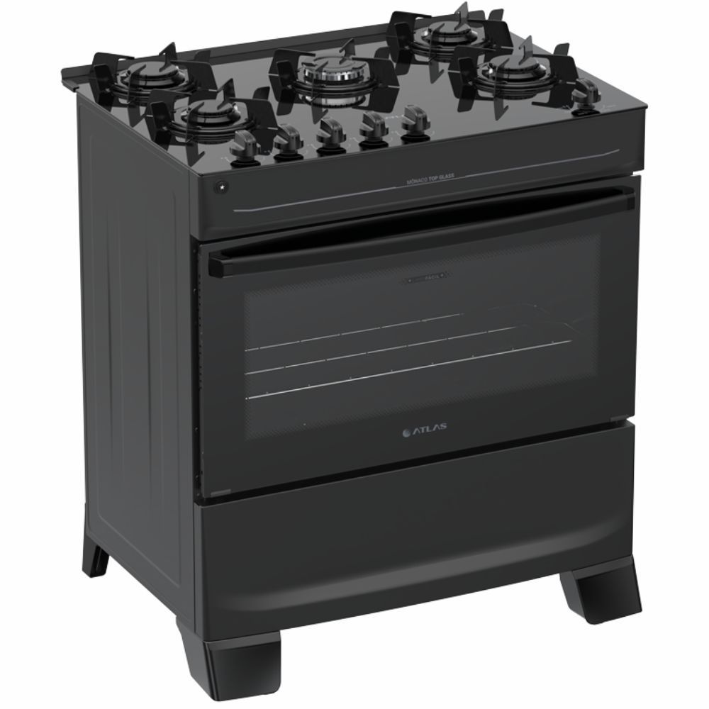 Fogão 5 bocas Preto com mesa de vidro Atlas Mônaco Top Glass Bivolt