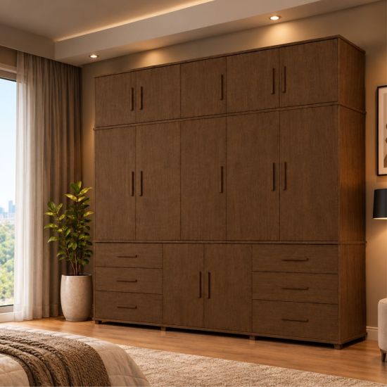 Guarda Roupas de Casal Luapa Lisboa Triplex 12 portas 6 gavetas com maleiro pés Malbec