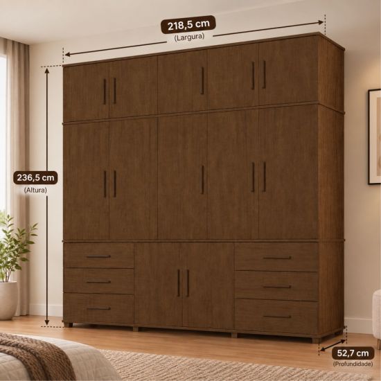 Guarda Roupas de Casal Luapa Lisboa Triplex 12 portas 6 gavetas com maleiro pés Malbec
