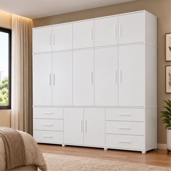 Guarda Roupas de Casal Luapa Lisboa Triplex 12 portas 6 gavetas com maleiro pes Branco 