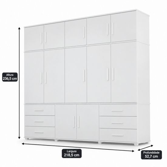 Guarda Roupas de Casal Luapa Lisboa Triplex 12 portas 6 gavetas com maleiro pes Branco 