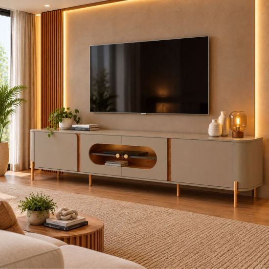 Rack Bancada Bechara Juquehy com LED porta vidro reflecta para TV de 75