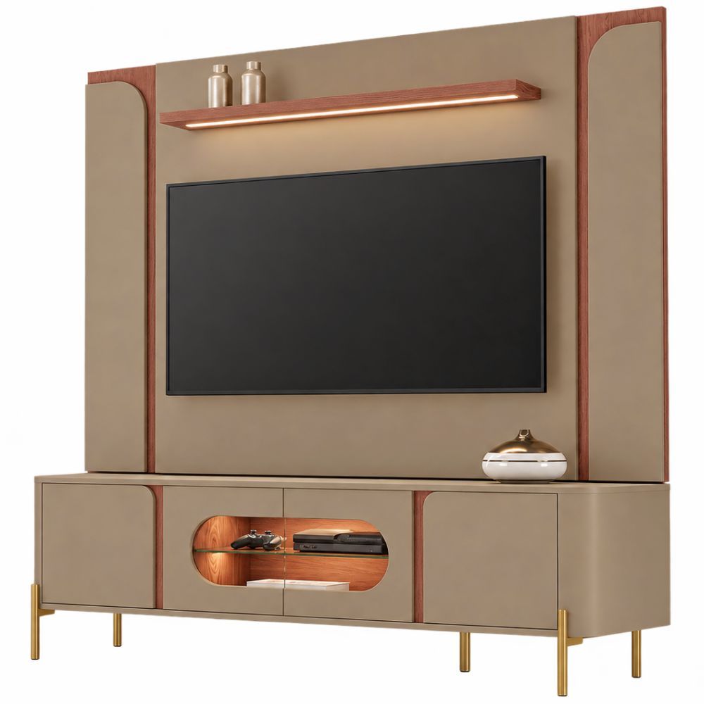 Painel Maresias com Rack Juquehy Bechara para TV de 75 polegadas Largura de 180 cm com LED e pés Fendi Freijo