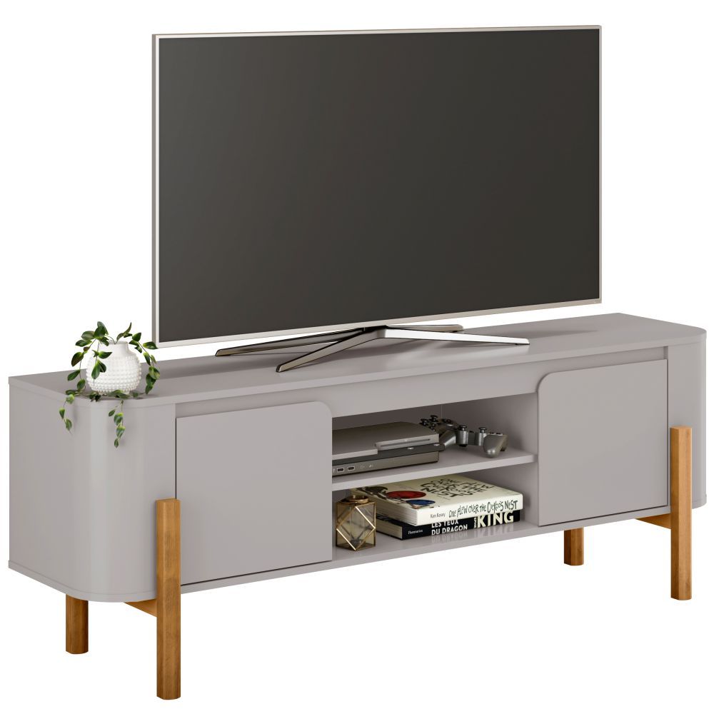 Rack Bechara Camburi 2 portas canto curvo largura 160 cm pés madeira maciça OFF White