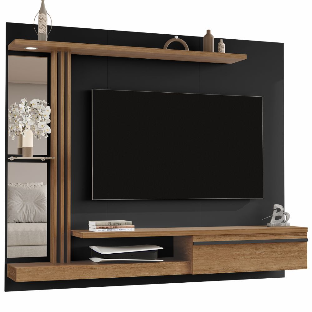 Painel Bechara Denver com LED espelho prateleira com vidro para TV de ate 55