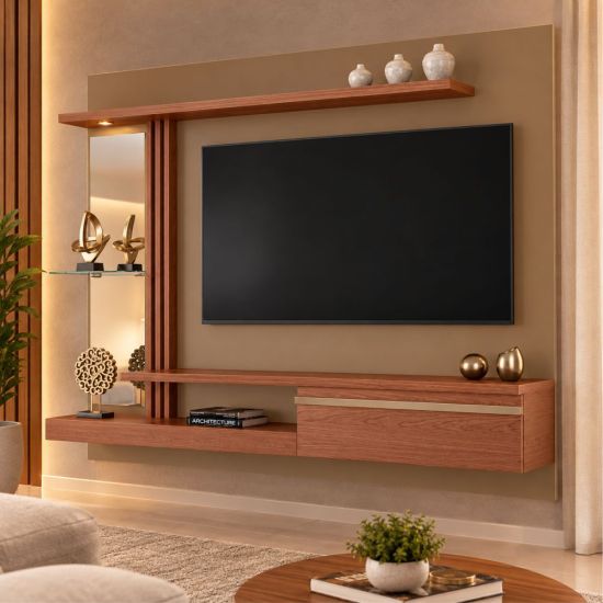Painel Bechara Denver com LED espelho prateleira com vidro  TV de ate 55