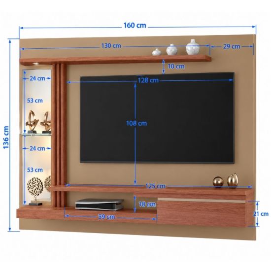Painel Bechara Denver com LED espelho prateleira com vidro  TV de ate 55