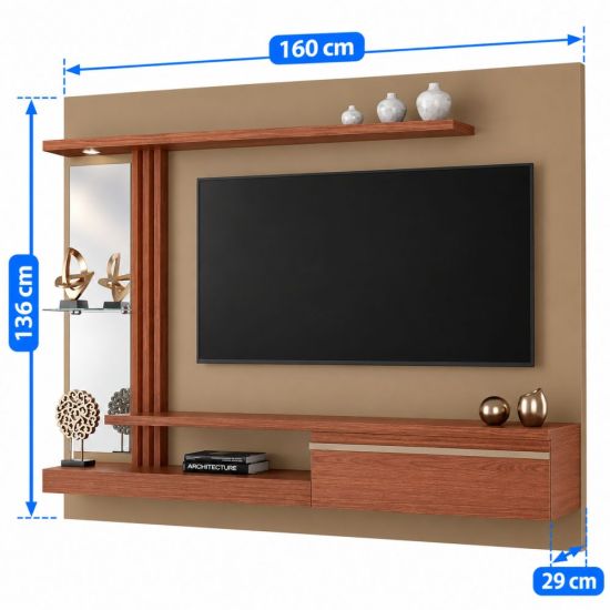 Painel Bechara Denver com LED espelho prateleira com vidro  TV de ate 55