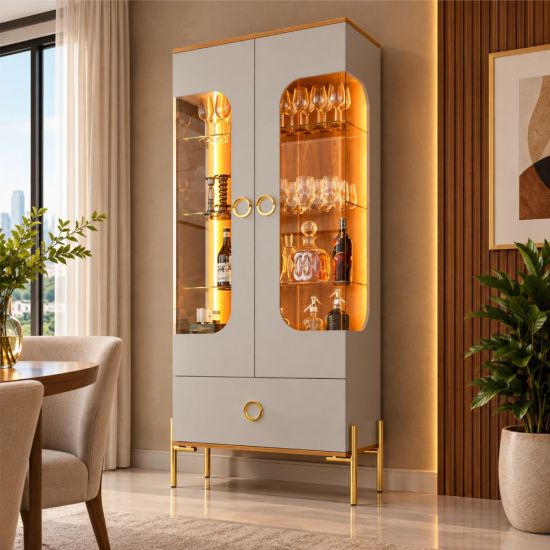 Cristaleira Bechara Lumina 2 portas vidro reflecta LED pés de aço OFF White Naurale