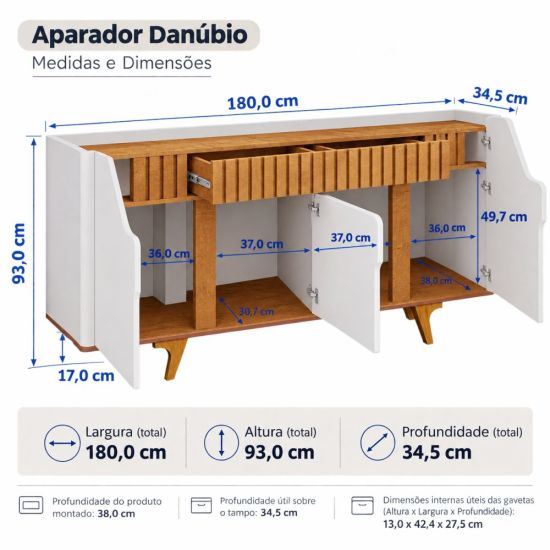 Buffet Aparador Danúbio ripado autêntico 4 portas 2 gavetas, largura de 180 cm OFF White Naturalle