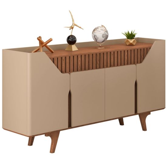 Aparador Buffet Balcão Bechara Tamisa ripado 4 portas, largura de 160 cm cantos curvo OFF White Naturale