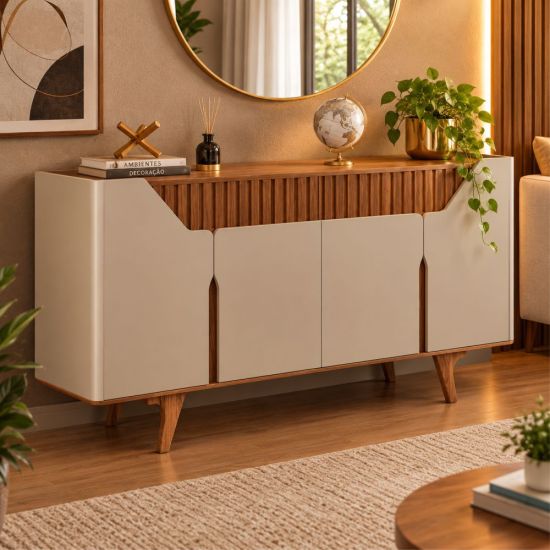 Aparador Buffet Balcão Bechara Tamisa ripado 4 portas, largura de 160 cm cantos curvo OFF White Naturale