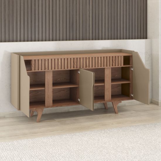 Aparador Buffet Balcão Bechara Tamisa ripado 4 portas, largura de 160 cm cantos curvo OFF White Naturale