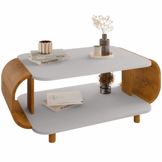 Mesa de Centro Bechara Floripa designer orgânico largura de 92 cm e pés de madeira OFF White Naturalle