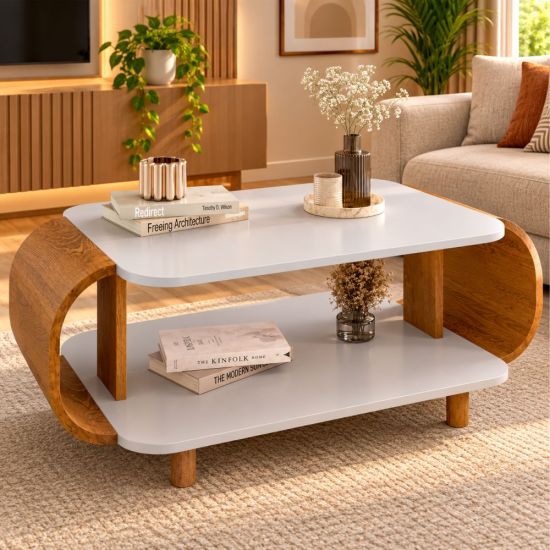 Mesa de Centro Bechara Floripa designer orgânico largura de 92 cm e pés de madeira OFF White Naturalle