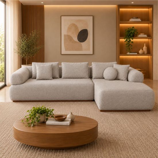 Sofá Rondomóveis VIP R950 estilo orgânico chaise lado esquerdo molas espirais largura 334 cm tecido linha Areia  