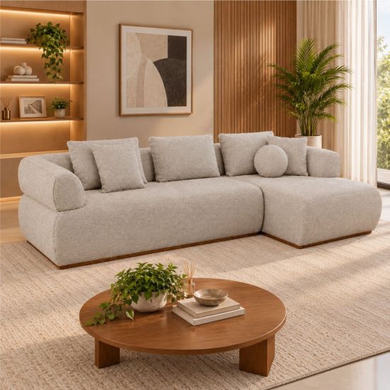 Sofá Rondomóveis VIP R950 estilo orgânico chaise lado esquerdo molas espirais largura 334 cm tecido linha Areia  