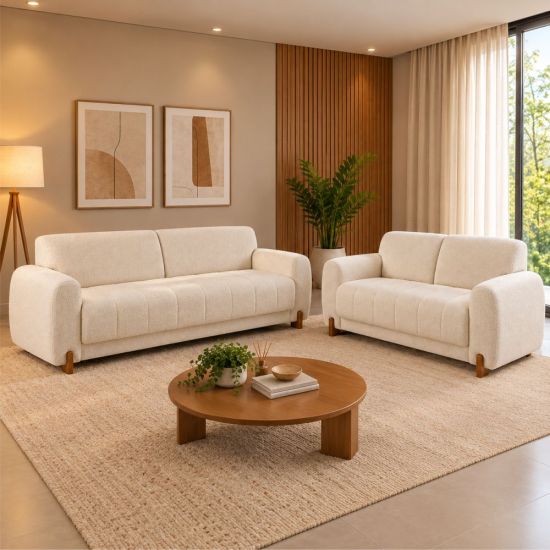 Sofá Rondomóveis Paris R340 poltrona de 3 e 2 lugares em tecido chenile Linho Belize Areia