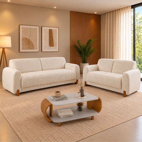 Sofá Rondomóveis Paris R340 poltrona de 3 e 2 lugares em tecido chenile Linho Belize Areia