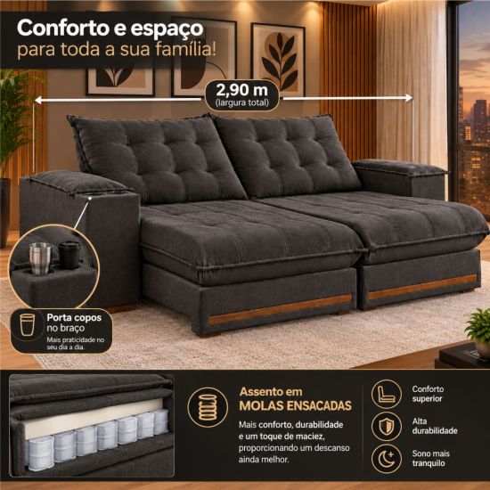 Sofá Retrátil e Reclinável Teixeira Meriti molas ensacadas no assento pillow top de 25 cm, largura de 290 cm Marrom