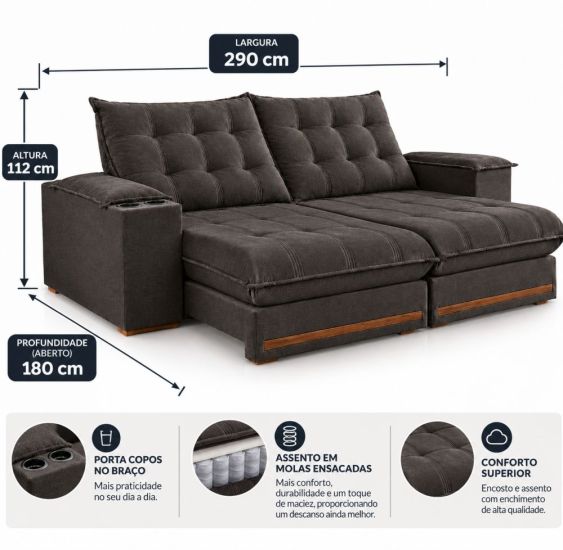 Sofá Retrátil e Reclinável Teixeira Meriti molas ensacadas no assento pillow top de 25 cm, largura de 290 cm Marrom