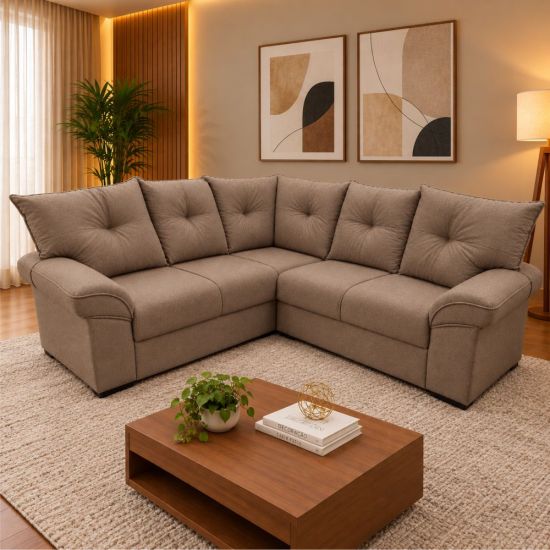 Sofá de Canto Mamflex Lion R1090 5 Lugares em tecido suede veludo Choco Capuccino