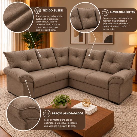 Sofá de Canto Mamflex Lion R1090 5 Lugares em tecido suede veludo Choco Capuccino