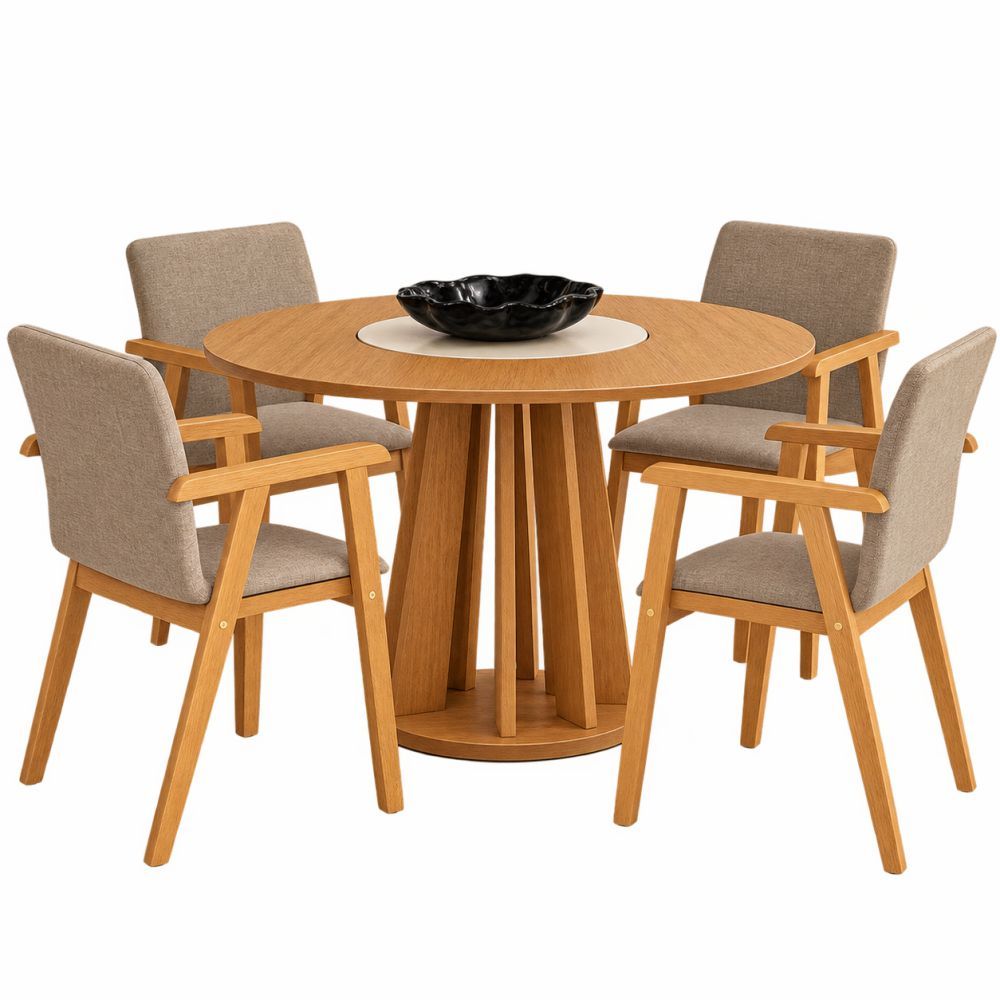 Sala de Jantar Valdemóveis Flora redonda com prato giratório 4 cadeiras Flora, Cinamomo