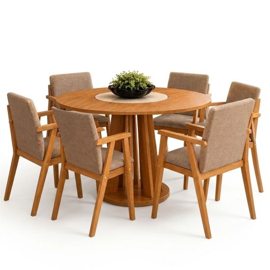 Sala de Jantar Valdemóveis Flora redonda com prato giratório 6 cadeiras Flora, Cinamomo  