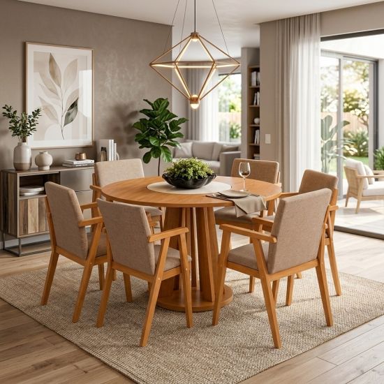 Sala de Jantar Valdemóveis Flora redonda com prato giratório 6 cadeiras Flora, Cinamomo  