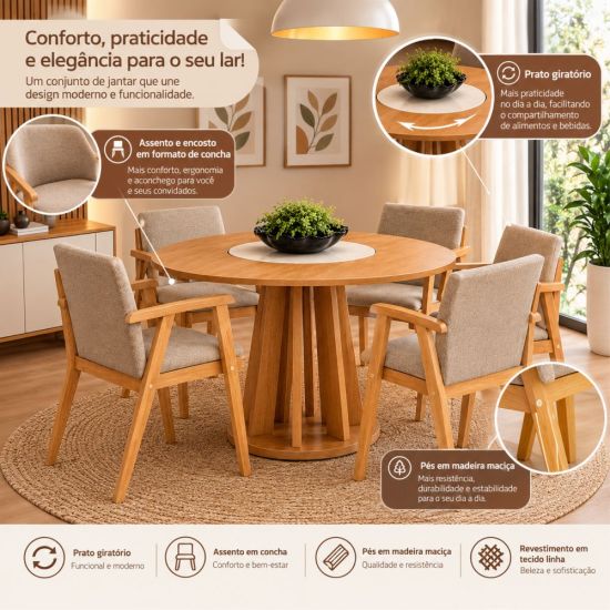 Sala de Jantar Valdemóveis Flora redonda com prato giratório 6 cadeiras Flora, Cinamomo  