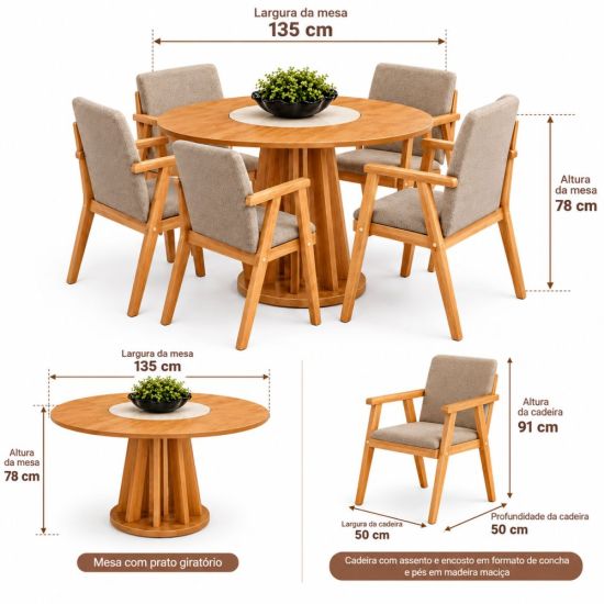 Sala de Jantar Valdemóveis Flora redonda com prato giratório 6 cadeiras Flora, Cinamomo  